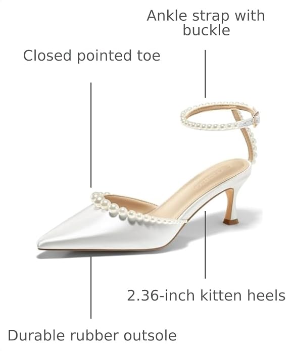 Coutgo Womens Pearl Kitten Heels Closed Pointed Toe Wedding Bride Dress Shoes Ankle Strap Satin Pumps