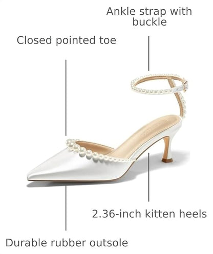 Coutgo Womens Pearl Kitten Heels Closed Pointed Toe Wedding Bride Dress Shoes Ankle Strap Satin Pumps