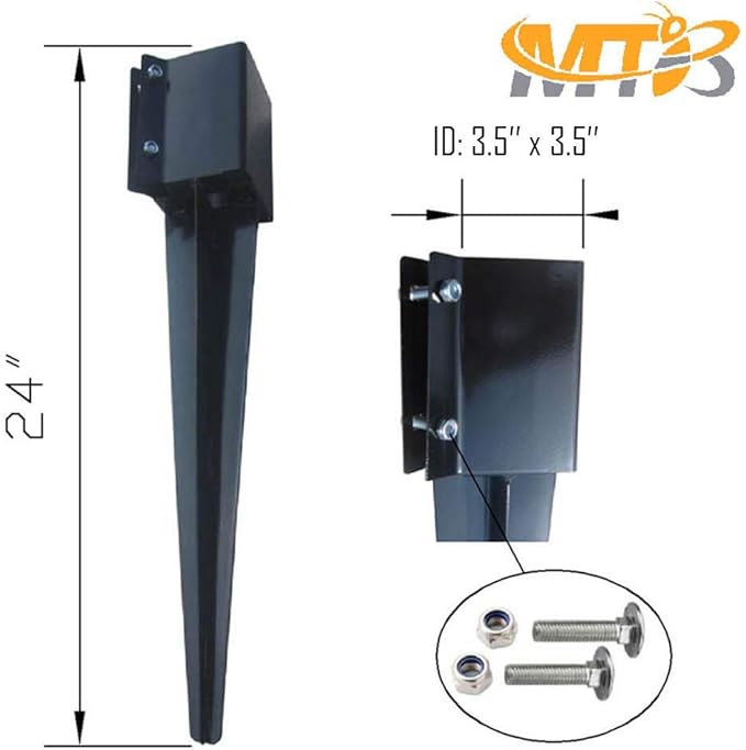 Fence Post Anchor Ground Spike Metal Black Powder Coated 24 x 4 x 4 Inches Outer Diameter (Inner Diameter 3.5 x3.5 Inches), Pack of 1