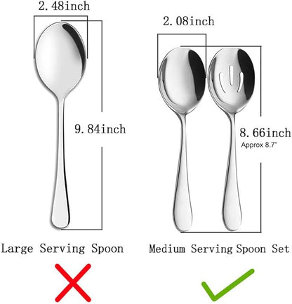 AOOSY 2 Pieces Stainless Steel Flatware Serving Sets, 8.7-Inch Long Handle Slotted Spoons and Serving Spoons for Buffet, Banquet, Cooking, and Kitchen