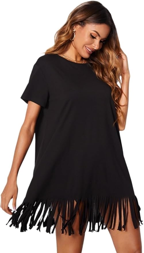 Womens Dress Solid Hem Short Dress Round Neck