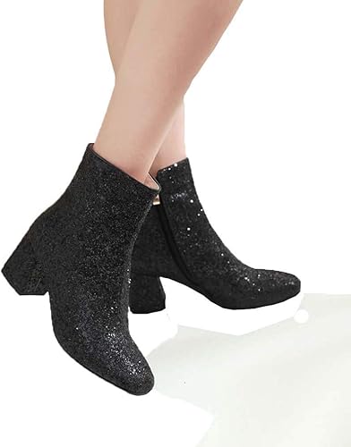 Elyffany Womens Mid Block Heel Glitter Ankle Boots Ladies Zipper Party Prom Booties