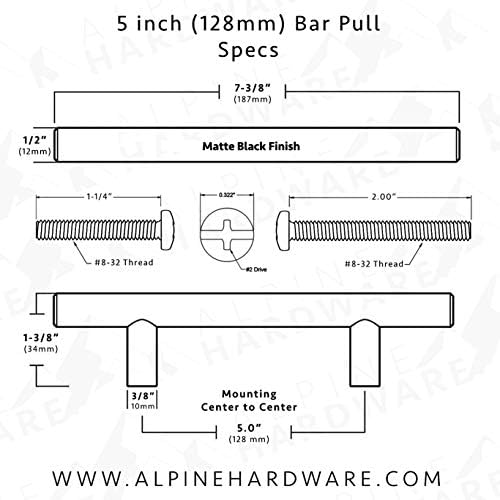 ALPINE HARDWARE Premium Solid Euro Style Bar Handle Pull-25Pack 5 inch Hole Center  7 12 inch Length-Heavy Stainless Steel Bar Handle Pull W a Matte Black Finish-American Owned Cabinet Hardware
