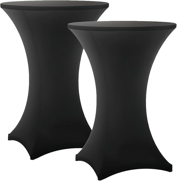 Cocktail Table Covers - 2 Pack 32x43 Inch Table Cloth - Black Fitted Stretch Spandex Round High Top Tablecloth for Party, Bar, Birthday, Pub, Banquet