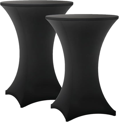 Cocktail Table Covers - 2 Pack 32x43 Inch Table Cloth - Black Fitted Stretch Spandex Round High Top Tablecloth for Party, Bar, Birthday, Pub, Banquet