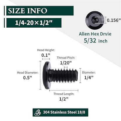 14-20 x 12" Black Hex Socket Head Cap Screws, 304 Stainless Steel 18-8, Furniture Bolts, Connector Screws, Black Coated, Full Thread, 25 PCS