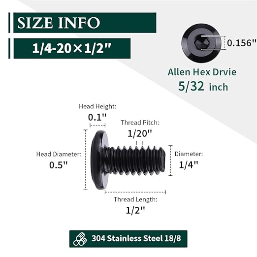 14-20 x 12" Black Hex Socket Head Cap Screws, 304 Stainless Steel 18-8, Furniture Bolts, Connector Screws, Black Coated, Full Thread, 25 PCS