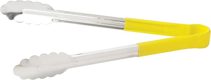 Winco Utility Tong with Yellow Non-Slip Grip, 12-Inch, Stainless Steel
