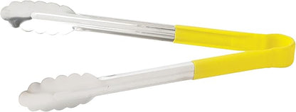 Winco Utility Tong with Yellow Non-Slip Grip, 12-Inch, Stainless Steel