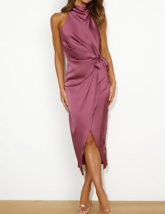 Halfisland Womens Summer Satin High Neck Sleeveless Wrap Dress Elegant Mock Neck Tie Waist Cocktail Formal Dresses