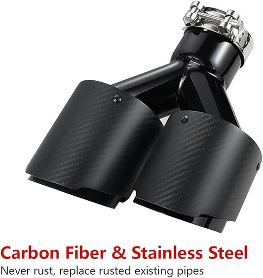 A-KARCK Carbon Fiber Exhaust Tip 2.5" Inlet to Dual 3.5" Outlet, High Temperature Resistance 9.8" Long Stainless Steel Tailpipe tip, Set of 2