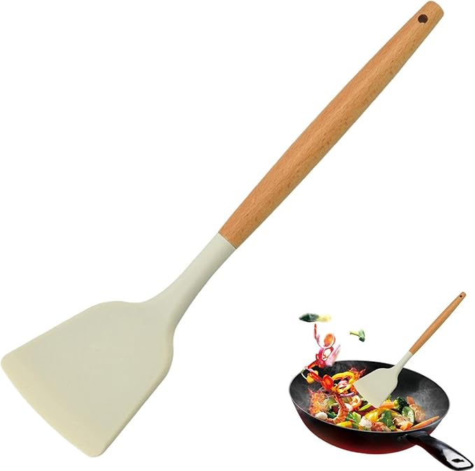 Silicone Cooking Utensils Set - Heat Resistant, Non-Stick, Non-Scratch Kitchen Tools, Slotted Turner, Utensils for Grilling, Space-Saving Design, Wooden Handle