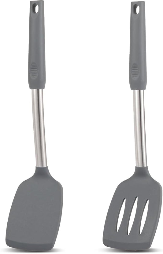 Pack of 2 Non Stick Solid & Slotted Silicone Spatula Set, Heat Resistant Silicone Turners for Fish,Eggs,Pancakes (Black Grey)