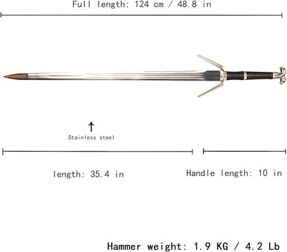 Full Metal Geralt's Silver Steel Sword 125cm/48.8 inches, Runes Engraved on The Blade, Stainless Steel,White Wolf Sword,Aerondight Silver Sword Handmade Anime Cosplay Prop for Display and Collection
