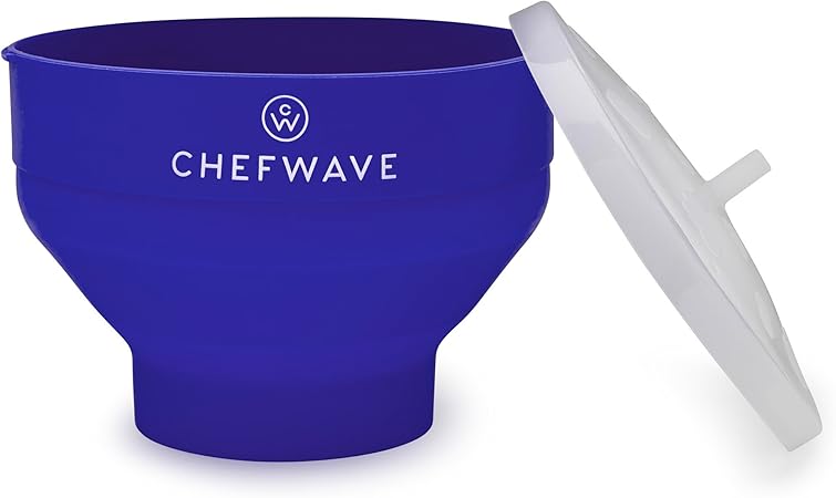 Chefwave Silicone Popcorn Popper (Dark Blue) - Reusable, Collapsible Microwave Popcorn Bowl - Dishwasher Safe