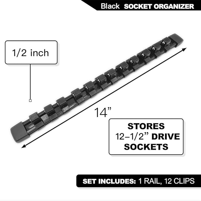 1/2-Inch Drive ABS Socket Organizer, Heavy Duty Socket Racks, Socket Holder Kit 1/2-Inch x 12 Clips Premium Quality Socket Clip Rail Holder(1/2-Black)