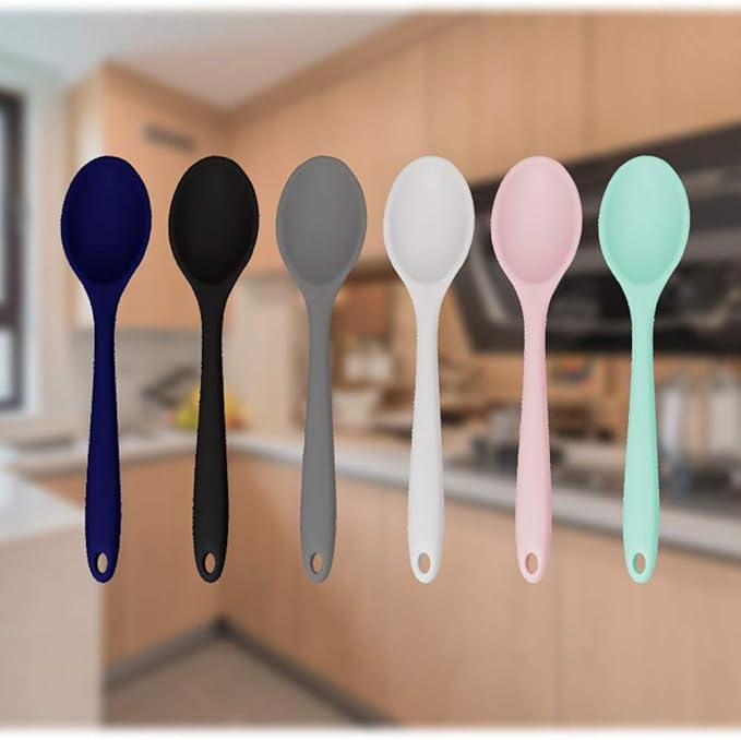 Spoon 1PC Silicone Spoon Long Handled Soup Spoon Solid Color Dessert Cake Ice Cream Spoon Kitchen Silicone Spoon Flatware Utensils Accessories(Black)