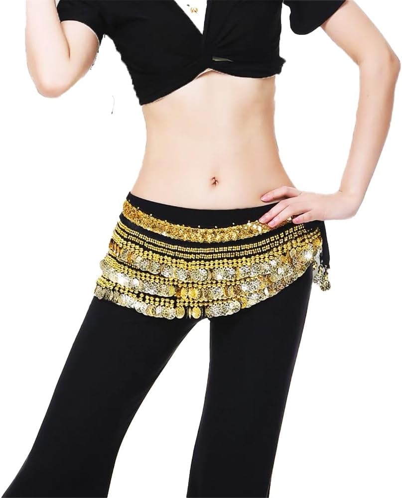 Women Belly Dance Hip Scarf Belly Dancing Multi-Row Gold Coin Belt Dancing Wrap Skirts
