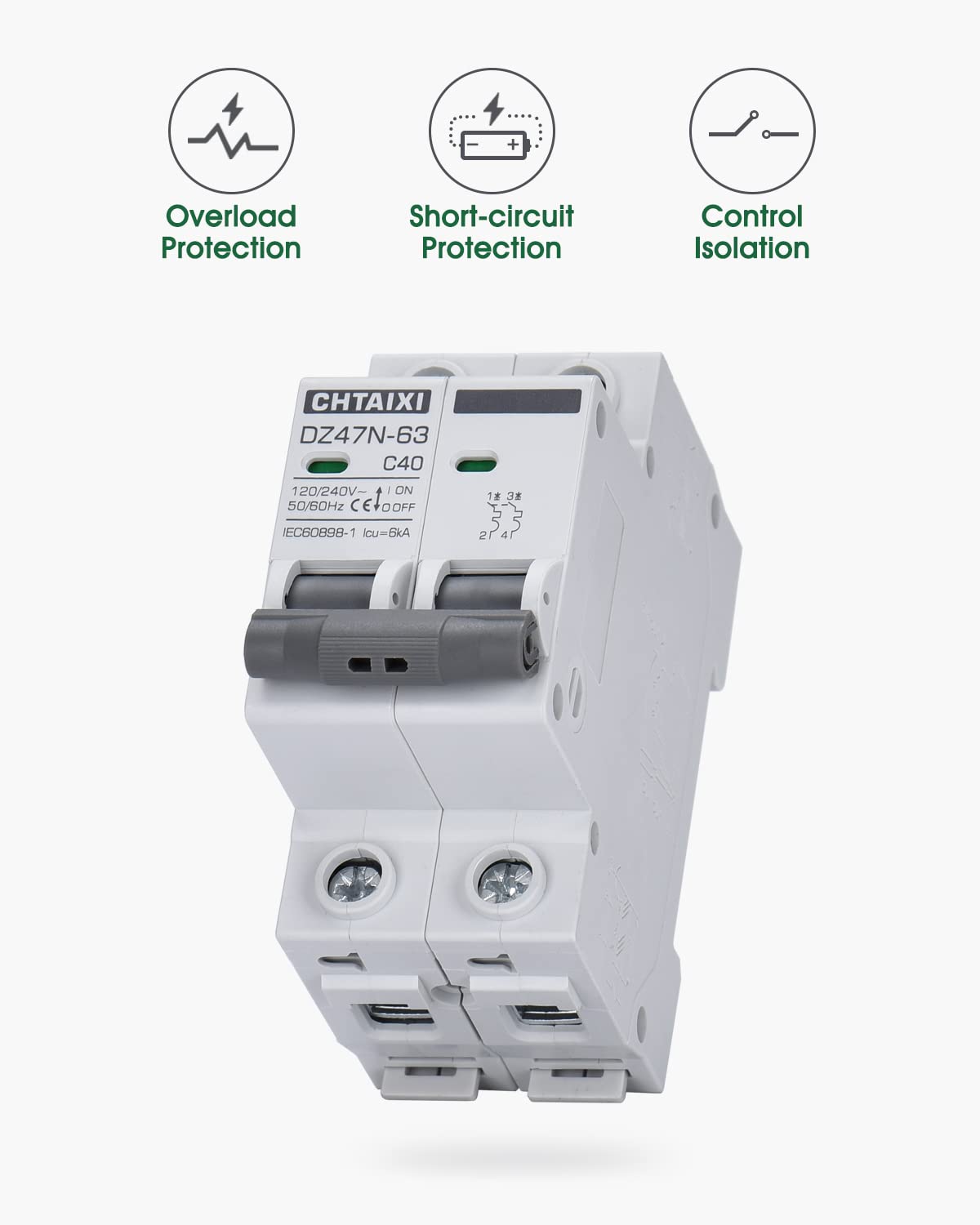 AC Miniature Circuit Breaker, 40 Amp 120V/240V 2 Pole DIN Rail Mount, Thermal Magnetic Trip, Solar AC Disconnect Switch MCB C40
