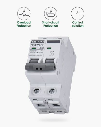 AC Miniature Circuit Breaker, 40 Amp 120V/240V 2 Pole DIN Rail Mount, Thermal Magnetic Trip, Solar AC Disconnect Switch MCB C40