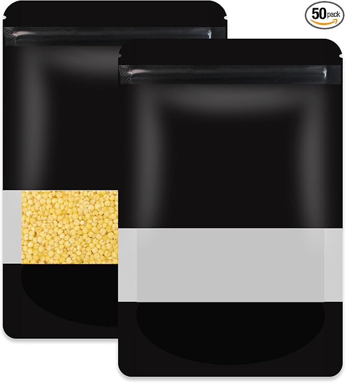 50 Pieces Black Smell Proof Bags-6.3x9.4inch Resealable Matte Metallic Ziplock Coffee Bags, Stand Up Food Storage Bags with Window, Foil Pouch Sealable Bags for Small Business