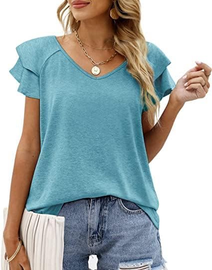 Womens Summer Tops Ruffle Short Sleeve V Neck Casual Tshirts Flounce Sleeve Tees