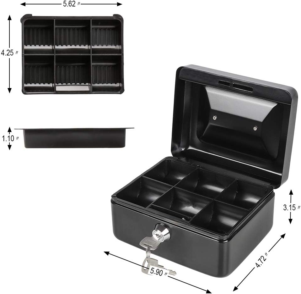 Cash Box with Money Tray and Key Lock, Parrency Large Money Box, 11 4/5" x 9 2/5" x 3 1/2", (Black Key Lock, XLarge)
