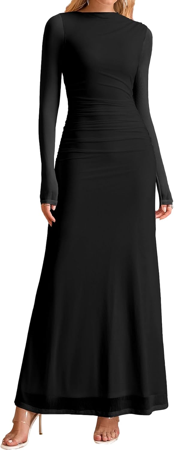 HTZMO Women Long Sleeve Bodycon Floral Maxi Dress Ruched A Line Flowy Wedding Guest Formal Party Long Dresses.