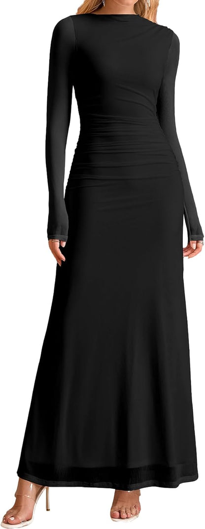 HTZMO Women Long Sleeve Bodycon Floral Maxi Dress Ruched A Line Flowy Wedding Guest Formal Party Long Dresses.