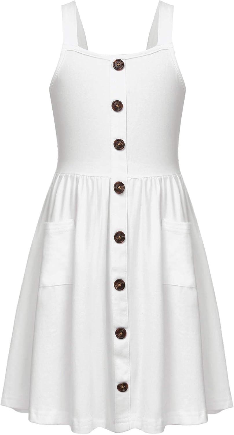 Arshiner Girl's Spaghetti Strap Button Down Midi Sleeveless Summer Casual Sundress A-line Dress with Pockets.