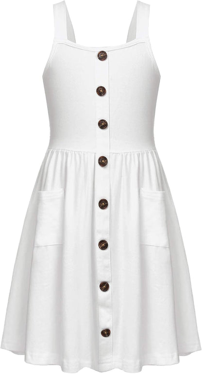 Arshiner Girl's Spaghetti Strap Button Down Midi Sleeveless Summer Casual Sundress A-line Dress with Pockets.