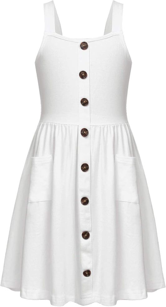 Arshiner Girl's Spaghetti Strap Button Down Midi Sleeveless Summer Casual Sundress A-line Dress with Pockets.
