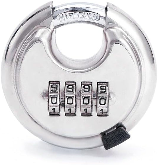 4 Digit Combination Lock, Stainless Steel Disc Padlock with 3/8 Inch Hardened Steel Shackle, Heavy Duty Combo Lock Outdoor for Warehouse, Hasp Latch, Sheds, Fences, Storage Locker (1 Pack) (Silver)