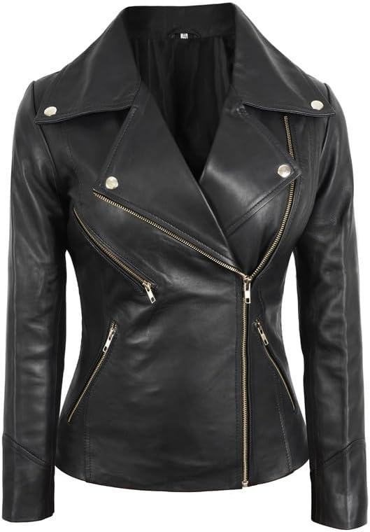 SpazeUp Women's Vintage Cafe Racer Leather Jacket - Black Biker Motorcycle Riding Jacket Women Leather Blazer