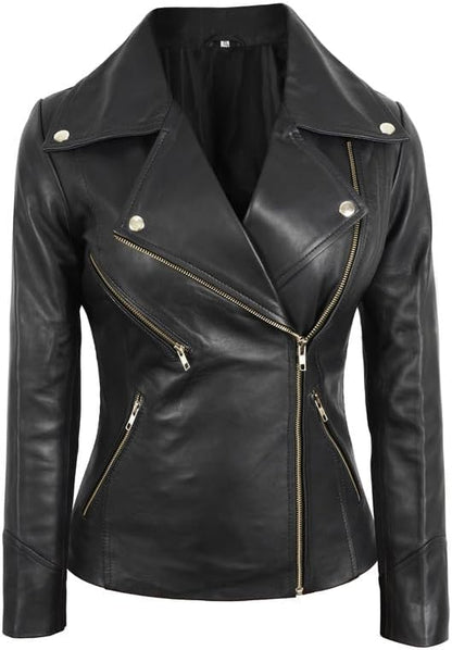 SpazeUp Women's Vintage Cafe Racer Leather Jacket - Black Biker Motorcycle Riding Jacket Women Leather Blazer
