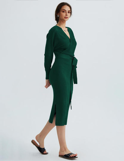 CHERFLY Women's V Neck Sweater Dresses Batwing Long Sleeve Backless Bodycon Long Dress with Belt .