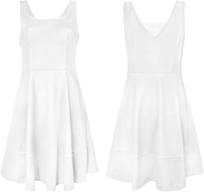 FANCYINN Women's Short V-Back Dress U-Neck Inslace Hem Wide Straps Tank Mini Skater Cocktail Dresses