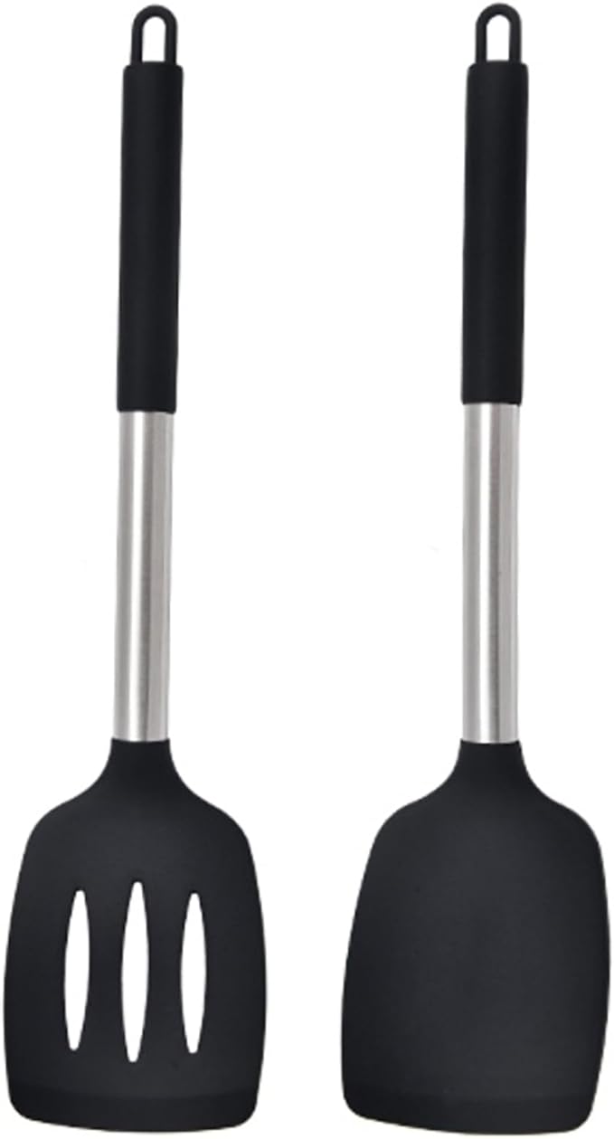 2Pcs Silicone Spatula Slotted Cooking Spatula Food Grade Heat Resistant Dishwasher Safe Frying Fish Eggs Non-stick Pot Cooking Turner Cookware Utensils Kitchen Supplies Black