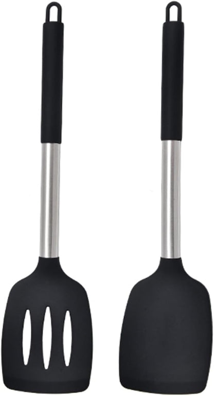 2Pcs Silicone Spatula Slotted Cooking Spatula Food Grade Heat Resistant Dishwasher Safe Frying Fish Eggs Non-stick Pot Cooking Turner Cookware Utensils Kitchen Supplies Black