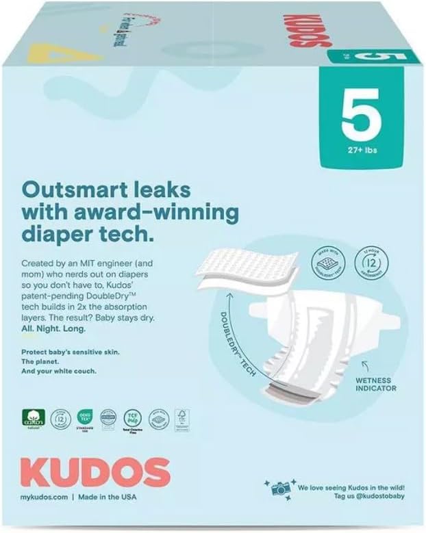 Kudos Chlorine Free Premium Diapers - Cotton-Lined - Size 5, 23 Count - 27+ lbs