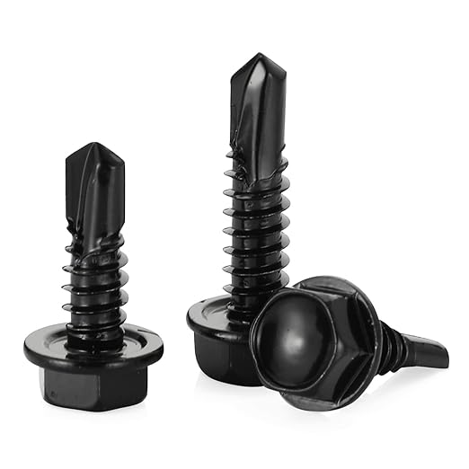 10 x 1 Hex Washer Head Self Tapping Drilling Screws Black Finish, 410 Stainless Steel, 100 PCS