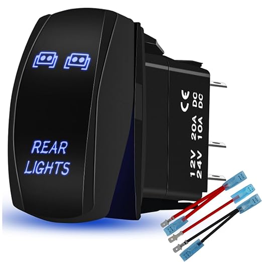 Rear Lights Rocker Switch Toggle On-Off 12V20A 24V10A Waterproof 5Pin Laser SPST Toggle Switch Blue Backlit with Jumper Wires Set for Marine Boat Car Truck RV SUV