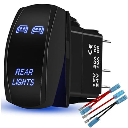 Rear Lights Rocker Switch Toggle On-Off 12V20A 24V10A Waterproof 5Pin Laser SPST Toggle Switch Blue Backlit with Jumper Wires Set for Marine Boat Car Truck RV SUV