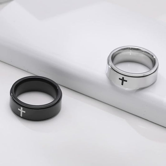 6mm/8mm Titanium Steel Black/Silver/Gold Fidget Ring Engraved Small Cross Stainless Steel Spinner Rings Stress Relieving Anxiety Ring Engagement Wedding Promise Band for Women Men Size 5-15