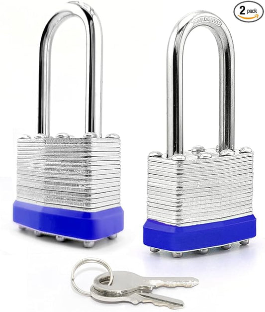 Lock Laminated keyed Padlock (1-9/16", 40mm), keyed Alike Locks, Long Shackle,Marked Blue Plastic Hoop, Pack of 2
