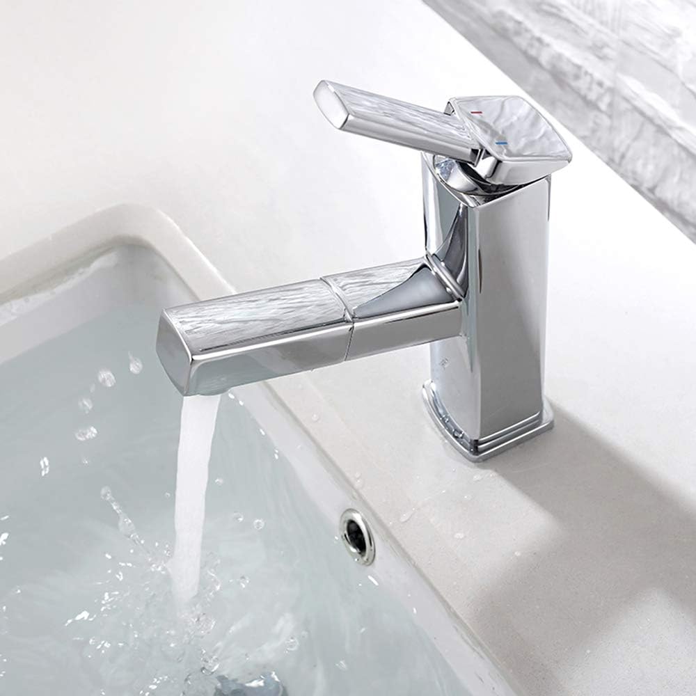 Bathroom Sink Faucet with Pull Out Sprayer, Single Handle Basin Mixer Tap for Hot and Cold Water, Lavatory Pull Down Sink Faucet with Rotating Spout (Regular, Chrome)