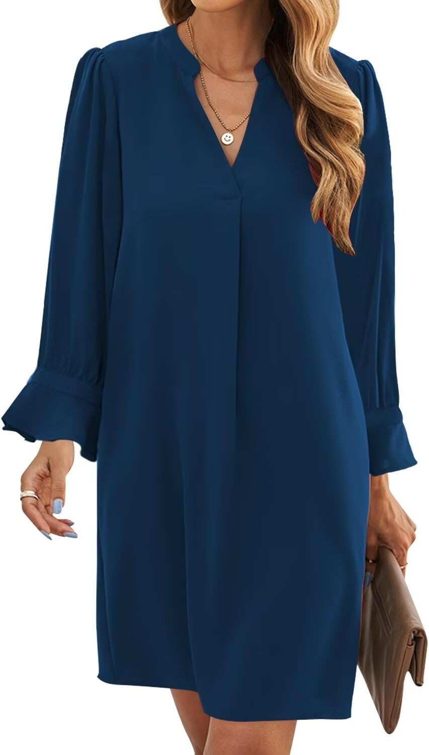 Color Forest Green Wkior Womens Fall Ruffle Long Sleeve V Neck Shift Dresses (S-XXL) | Casual Loose Design, Breathable Fabric, Fall Lightweight Clothes,Vacation Travel Outfit, Essential Fashion Dress