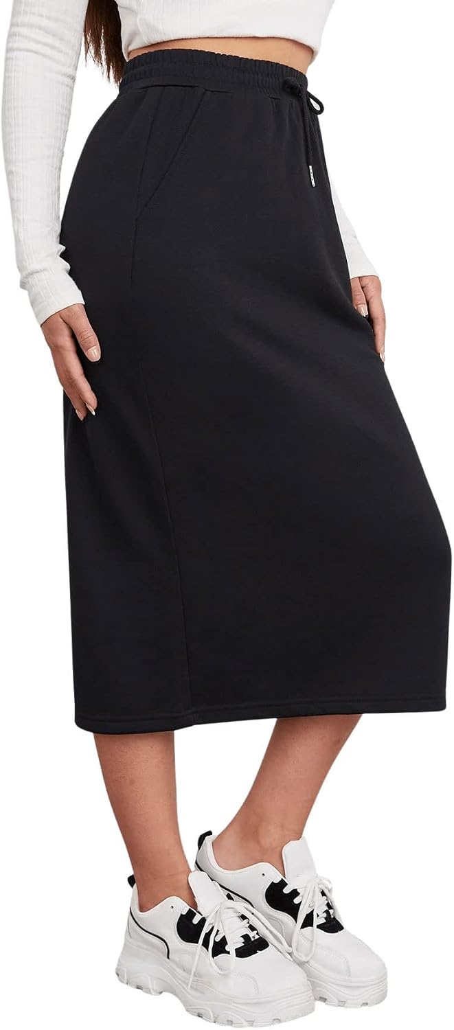 Women's Causal High Waist Midi Skirt Drawstring Solid Athletic Skirt with Pockets