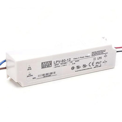 12V 60W Waterproof LED Driver & LPV-60-12 Power Adapter | IP67 Fanless Converter for LED Strips, CCTV, IoT Devices | 90-264VAC Input