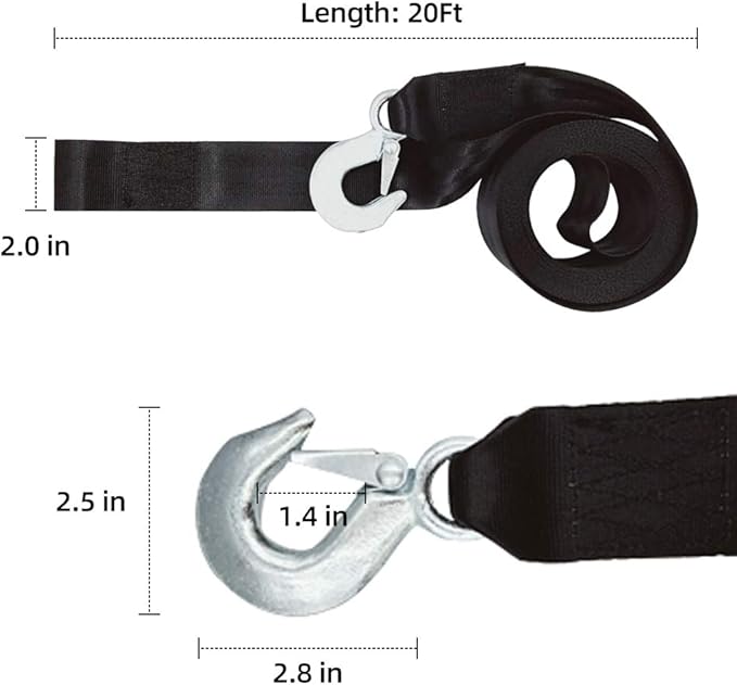 Boat Trailer Winch Strap 2" x 20' with Hook Replacement, 10000 lbs Breaking Strength, Loop End for Boats, Trailer, Wave Runner, Towing, Heavy Duty Equipment